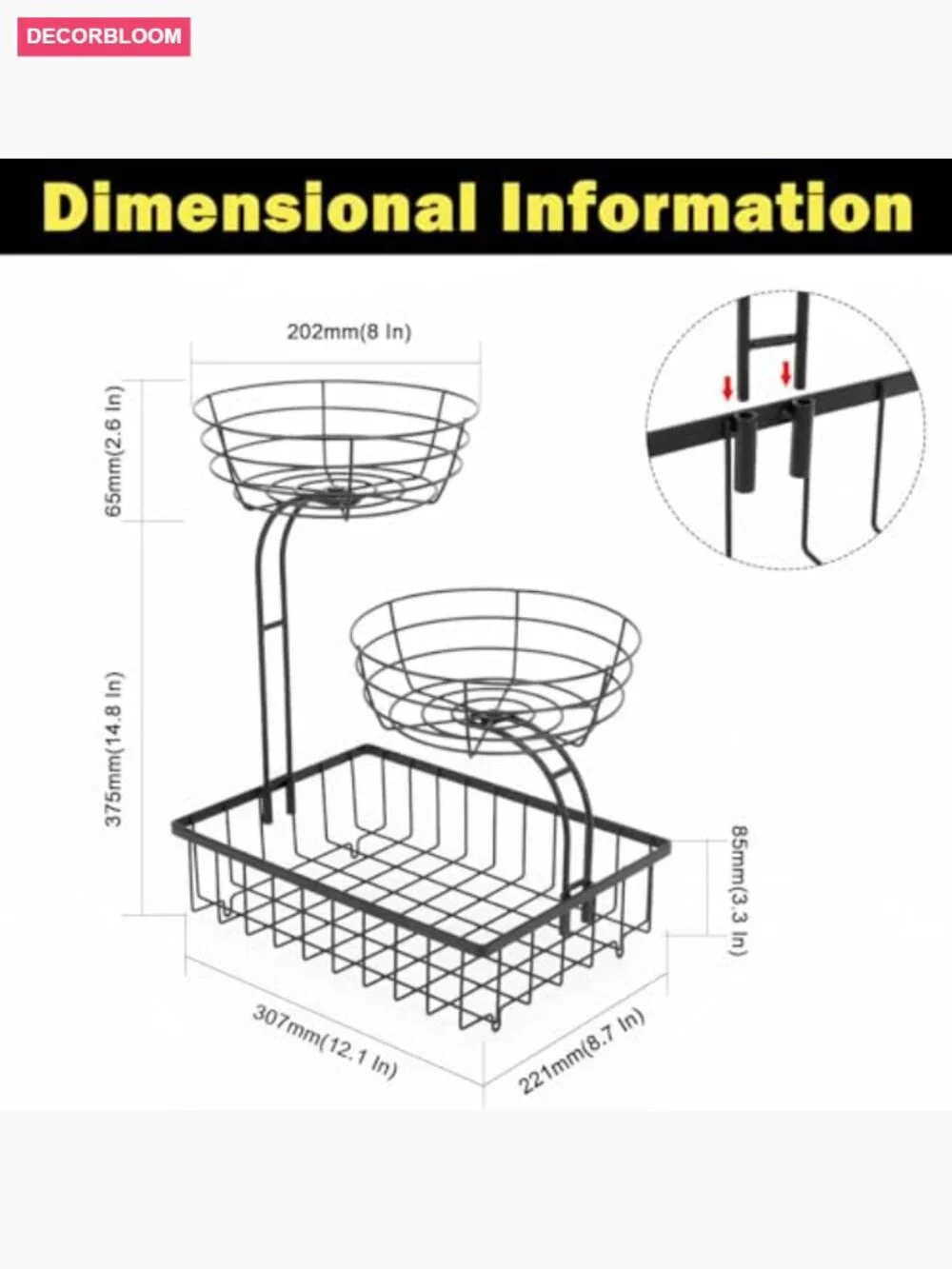 3 Tier Countertop Fruit Basket Storage - Metal Kitchen Organizer for Fruits,